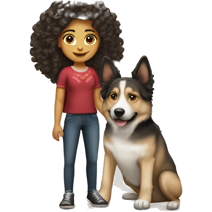 Mexican girl with curly hair and a dog who’s beside her a German Sheperd emoji