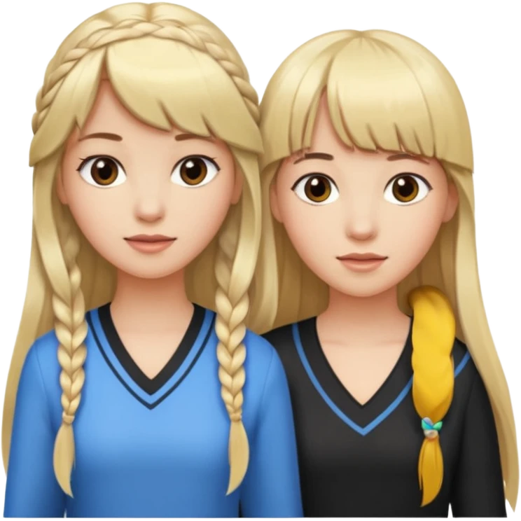 Woman very long flowing blonde hair With BANGS standing next to woman DARK BROWN HAIR with BANGS ONE BRAID on one side.   emoji