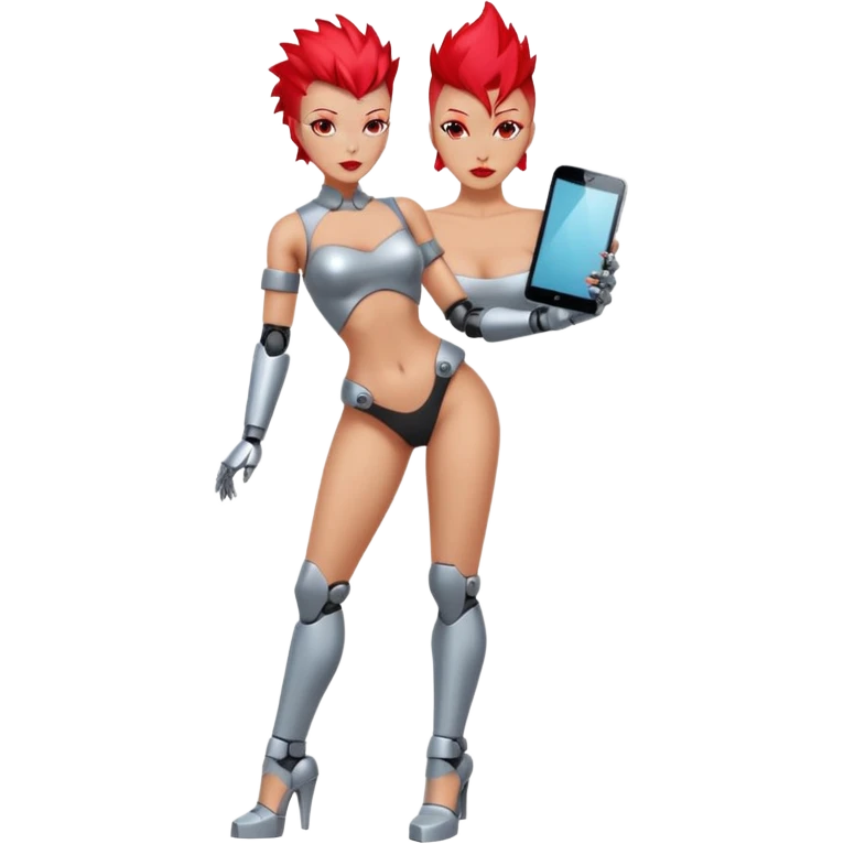 Sexy reflective glass faceless dronification robot girl with a red mohawk full body pinup pose blank faceless emoji