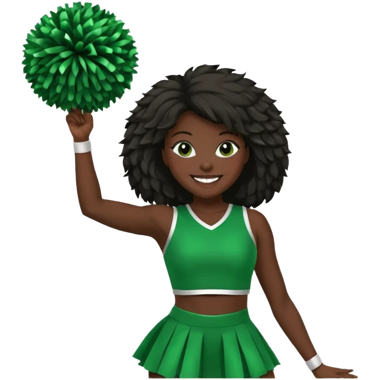 football cheerleader, holding a cheering pom, green dress and black skin emoji