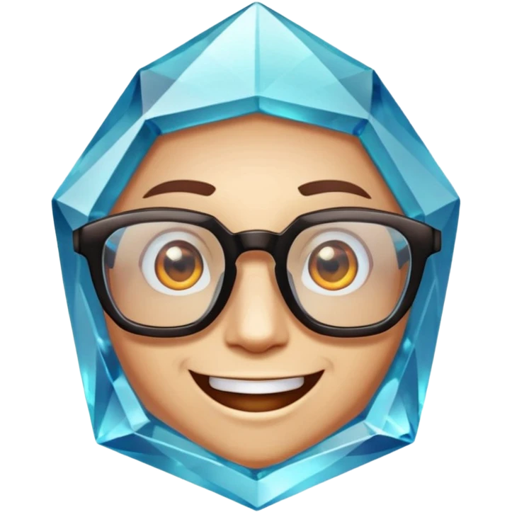 A single crystal gemstone character wearing glasses, chunky and irregular with faceted very sharp sides, smile, , high detail, emoji