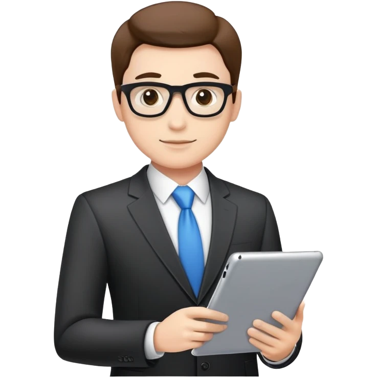 business executive confidently, holding a digital tablet or folder, wears smart business attire emoji