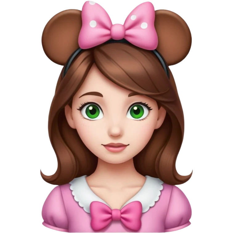 Brown hair girl with green eyes wearing Minnie Mouse ears with a pink bow emoji