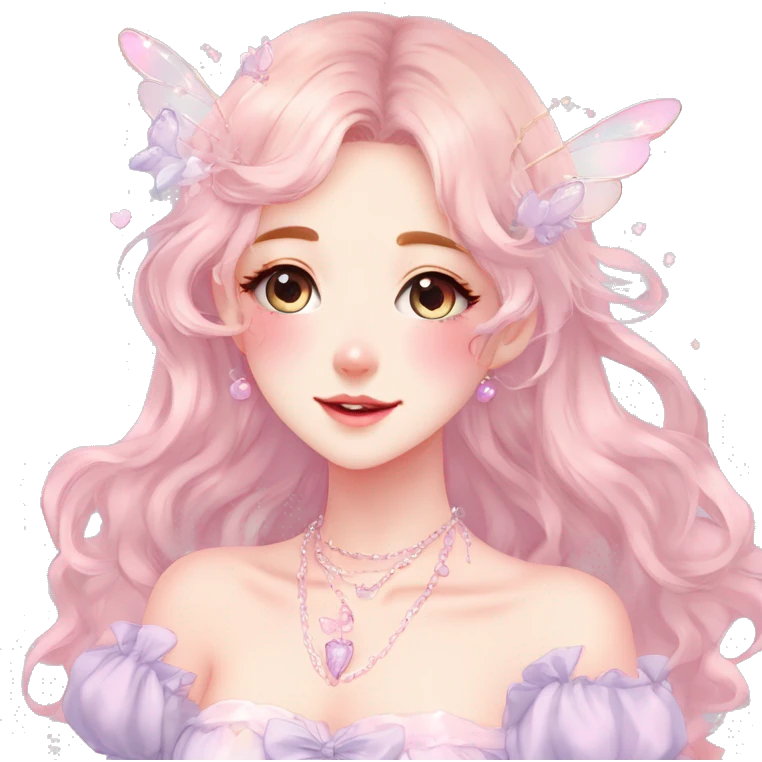 Gorgeous pastel anime style lady with blushing face and fairy dress necklace cottagecore fairycore pastelcore colorful pearly romantic simplistic aesthetic trending style emoji