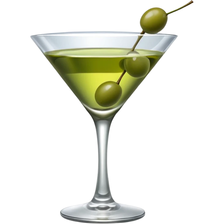 martini glass with 3 olives. no straw, just 1 stick that the olives will be stuck on. olives should have the same size. no leaves at all. liquid should be more white/clear than green emoji