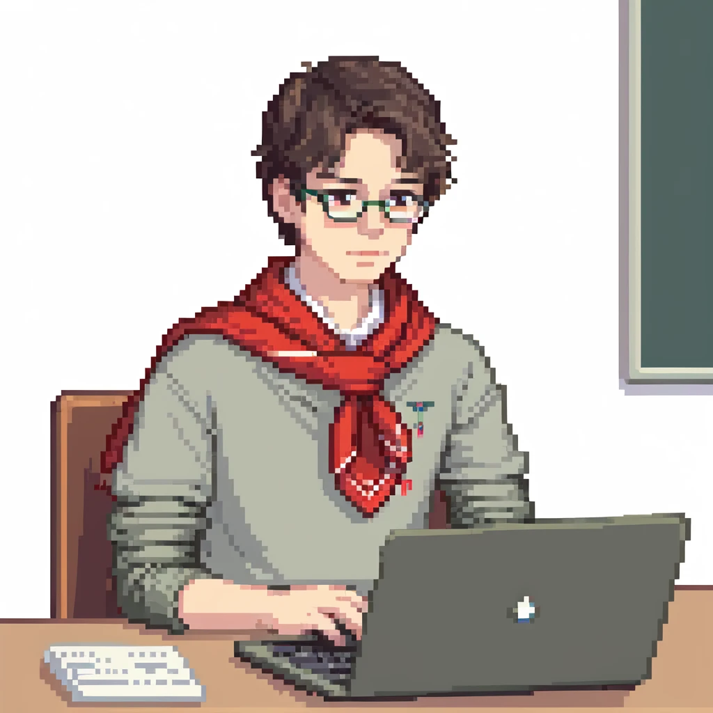 Soviet young pioneer with red neckerchief sitting at a laptop computer emoji