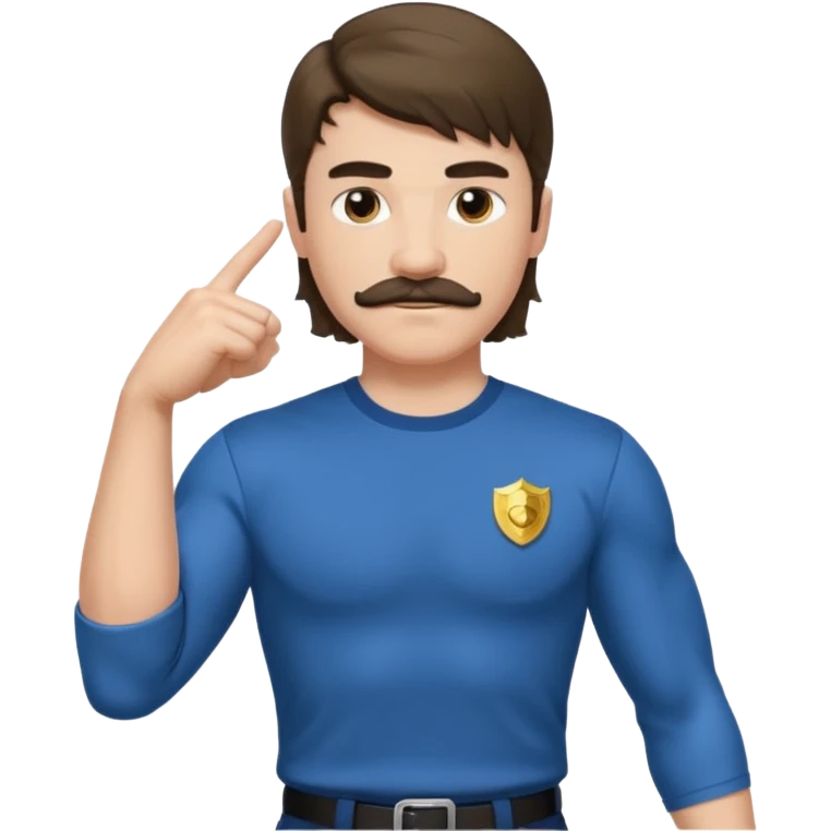 generate an ios genmoji of a 20 year old boy with shoulder length hair and a mullet. cop mustache. BIG biceps and wearing a full sleeve tshirt that fits his biceps emoji
