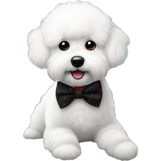 a little scruffy little bichon frisé that has  a bow tie sitting on a red and black big pillow looking happy in front a window looking outside a winter scene where snow flakes are falling  emoji