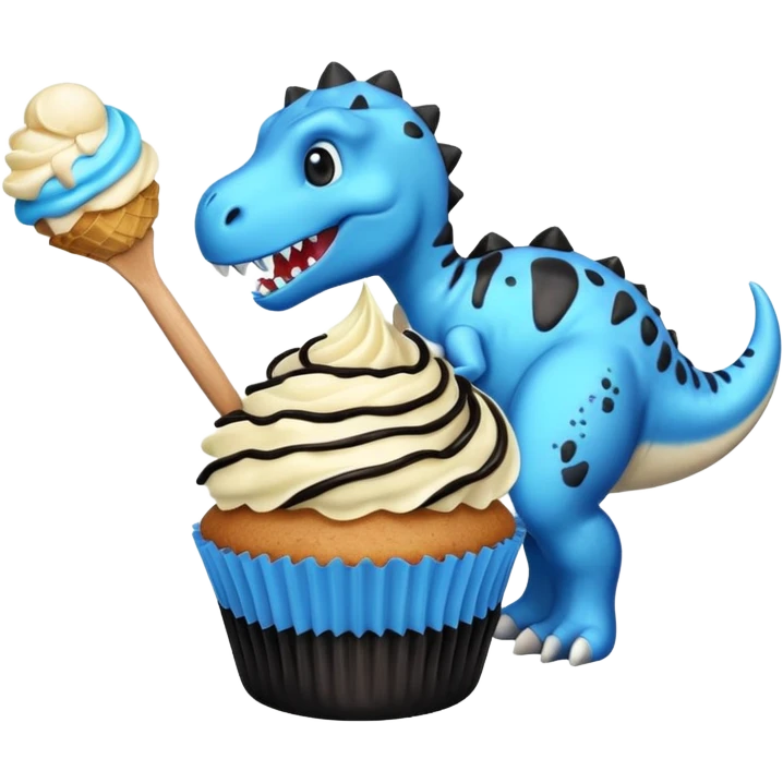 A cupcake having blue and black icing and a dinosaur as a decoration and ice cream next to it emoji