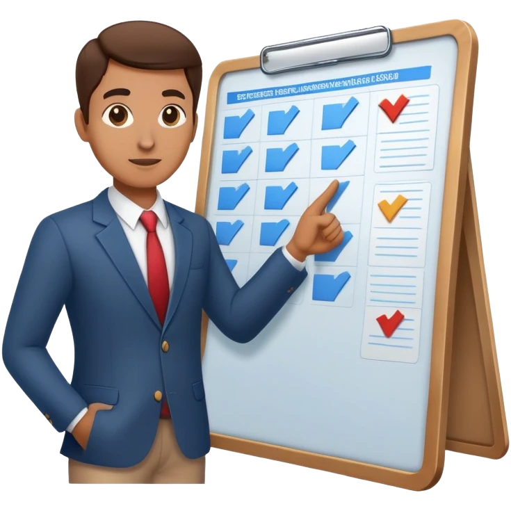professional figure pointing at a task board or flowchart. The character wears business casual clothing emoji