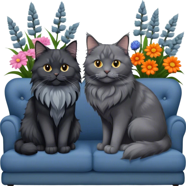A black smoke Maine Coon cat with long gray ear tufts and a large gray ruff, and a thick blue British Shorthair cat, sitting together on a couch. A cozy room with flowers in the background. Transparent background. emoji