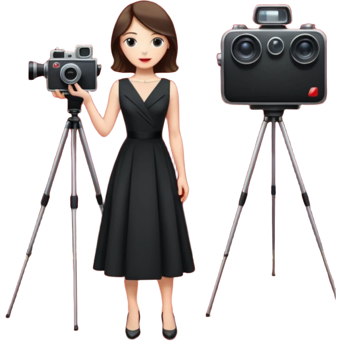 an actress standing on a red carpet with a formal dress, with a film camera next to her. emoji