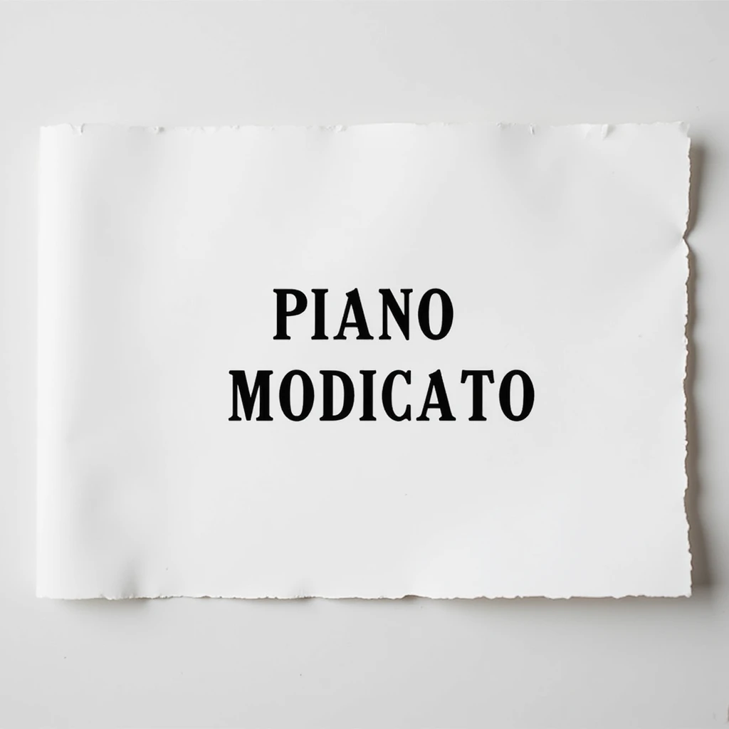 white sheet of paper with the text 'PIANO MODIFICATO', hyperrealism, 4K resolution, no background emoji