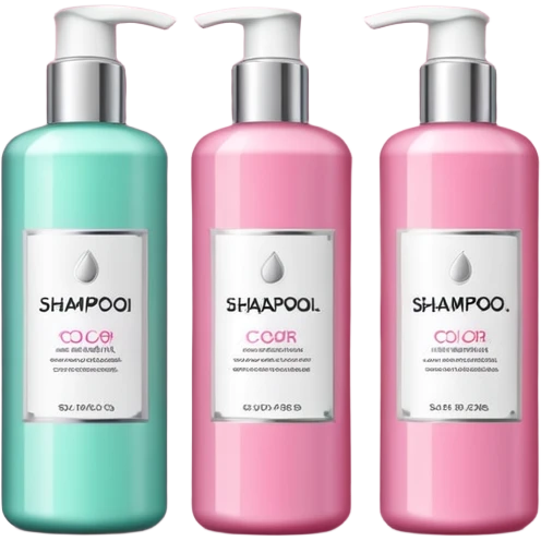 products on a shelf, there are Shampoo bottle, color tube, and conditioner on a pink shelf, the products are luxury brand-labeled and have nice packaging emoji