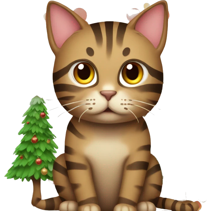 Brown striped cat sitting under a Christmas tree  emoji