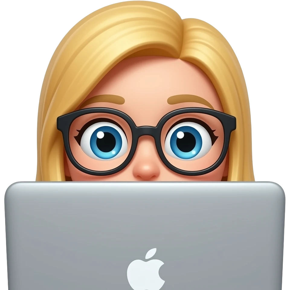 3D emoji-style female character with blode hair and big glasses, eyes wide, peeking over a laptop, emoji
