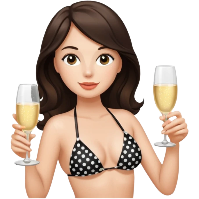 brunette woman on a beach, wearing a black polka-dot bikini, drinking a glass of champagne emoji