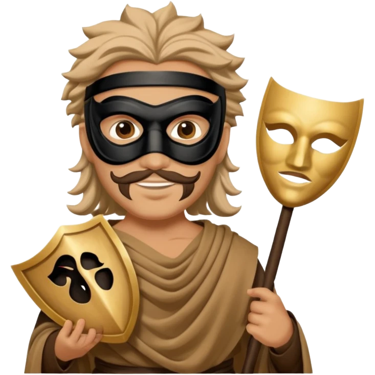 Greek thespian in full costume with a mask holding a prop emoji