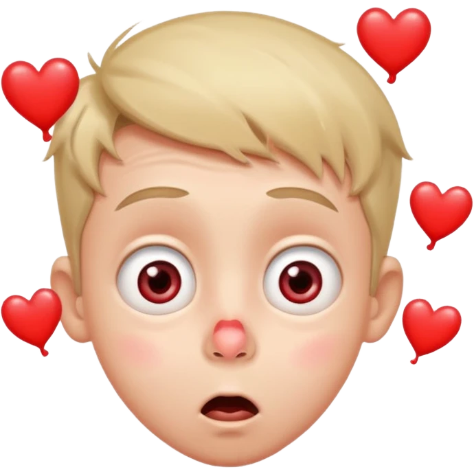 surprised cartoon boy with wide eyes, small trickle of red from the nose, comedic expression, blushing, hearts around the head emoji