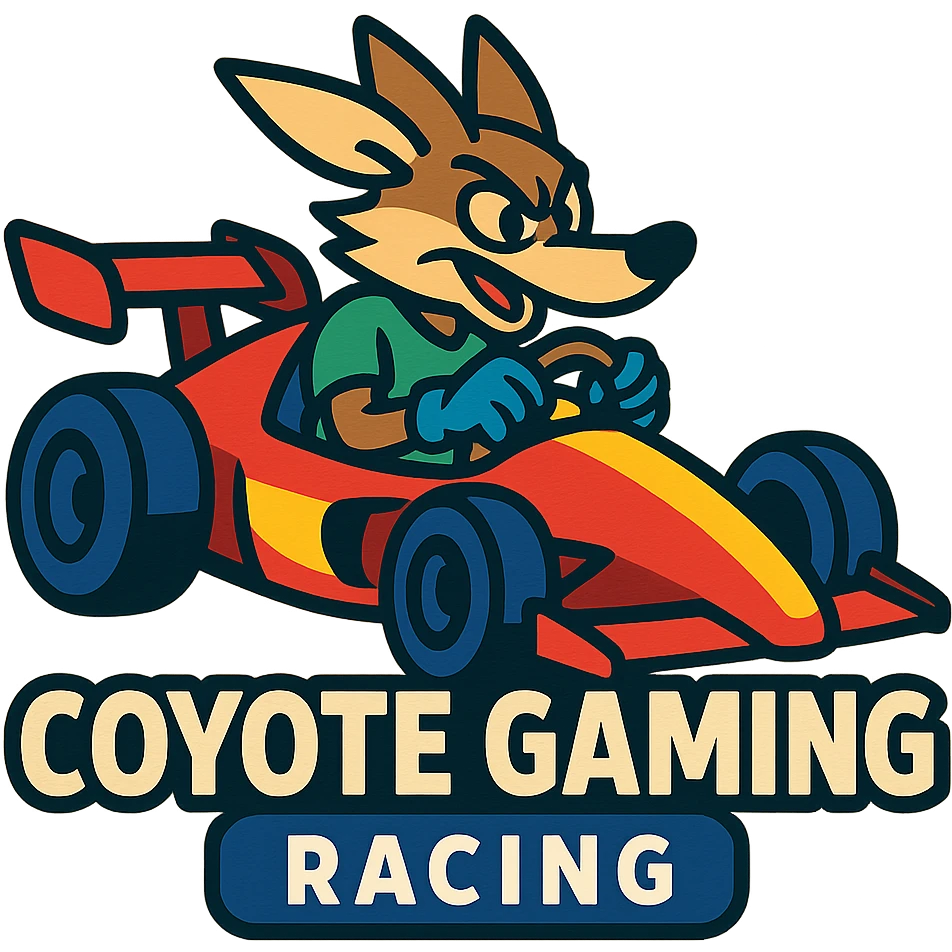 Coyote Gaming Racing logo in vibrant toon style, with a coyote character driving a race car emoji