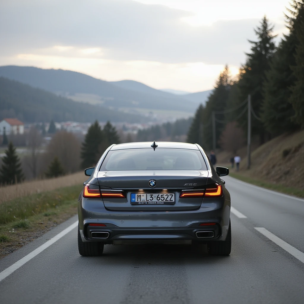 BMW Series 7 2022, from behind, photorealistic, on a scenic Romanian road with city elements emoji