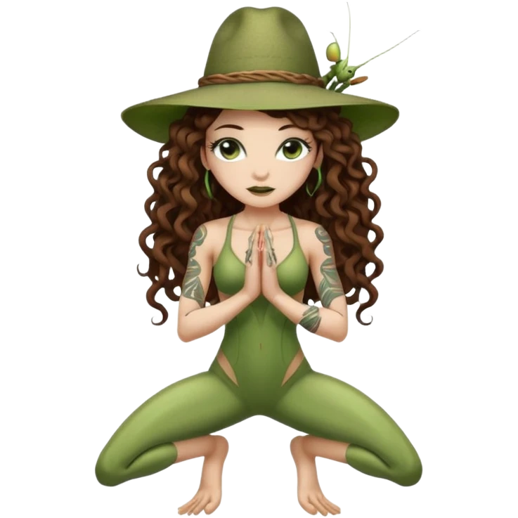 full body woman long curly brown hair brown eyes white skin tattoos muscular build praying mantis hat couture emoji