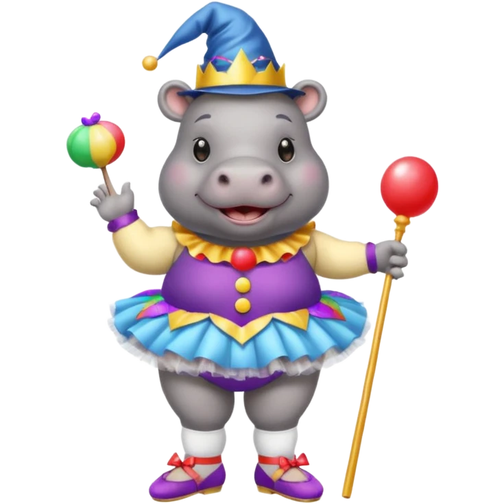 Hippo with a clown nose, a wizard hat, a ballerina tutu, a bikini, sandels and white socks  emoji