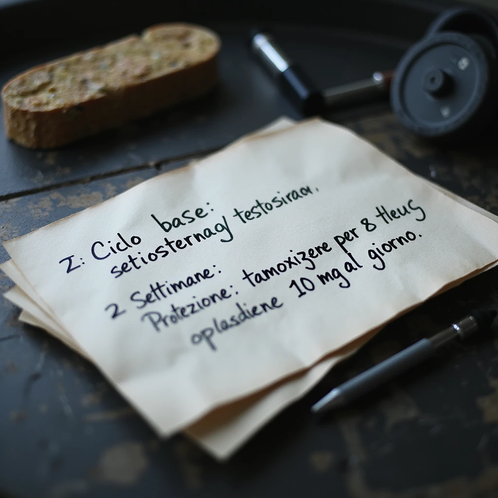 Close-up of a handwritten sheet on a gym desk with the protocol: 'Ciclo base: testosterone enantato 250 mg/settimana per 8 settimane. Protezione: tamoxifene 10 mg al giorno.' Hyperrealistic style, 4K details, professional atmosphere. emoji