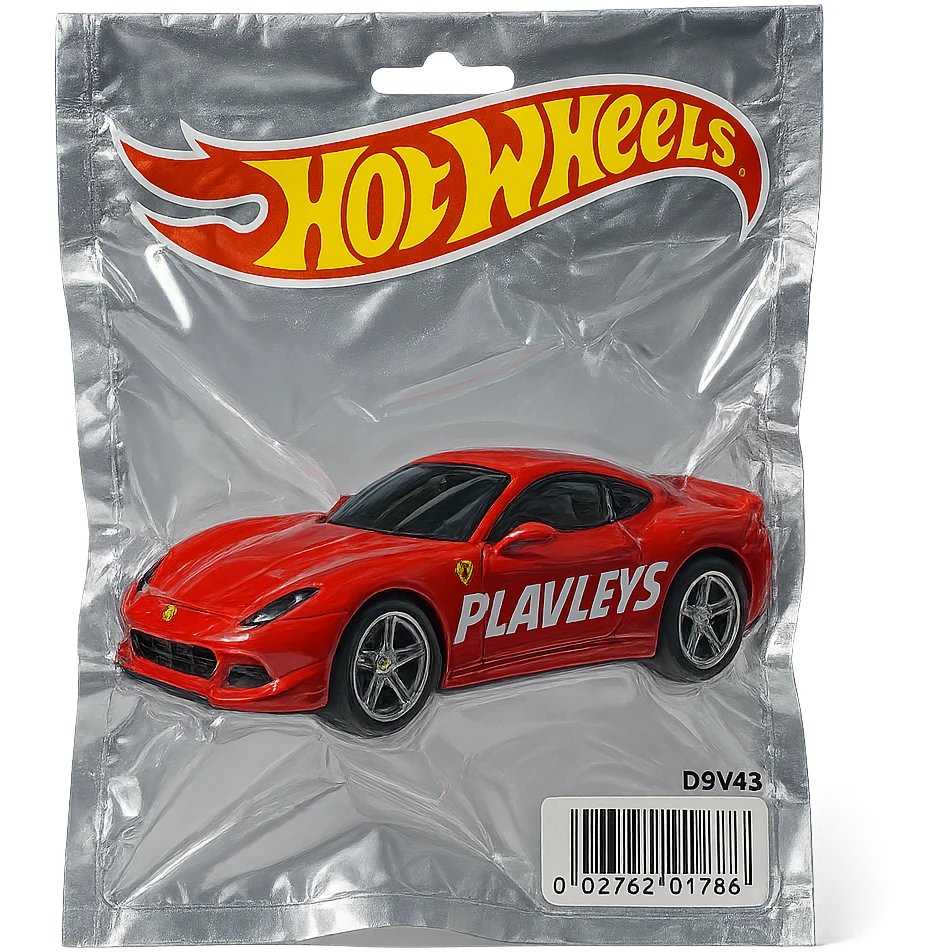 Hot Wheels packaging with a red Ferrari featuring bold racing-style 'PLAVLEYS' text on the car, shiny and inflated, vacuum-sealed style emoji