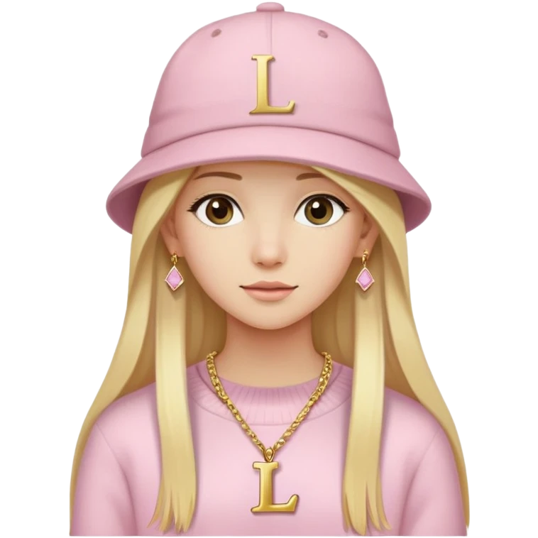 A pretty girl wearing a light pink pullover with a hat, having long straight blonde hair, wearing a necklace with the letter "L" on it and golden earrings. emoji