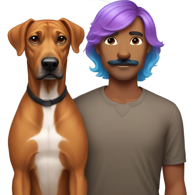 white man with rainbow colored hair and curled mustache standing alongside a brown rhodesian ridgeback dog emoji