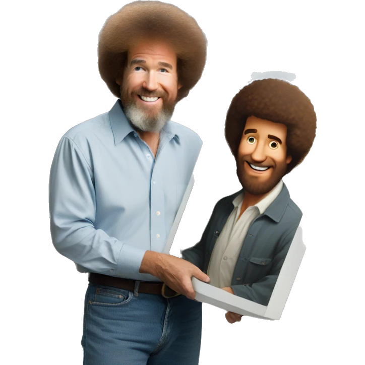 Bob Ross holding a painting of Bob Ross emoji