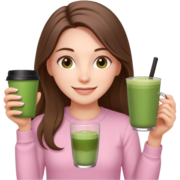 happy white long brunette hair girl with hazel eyes wearing light pink who is holding matcha emoji