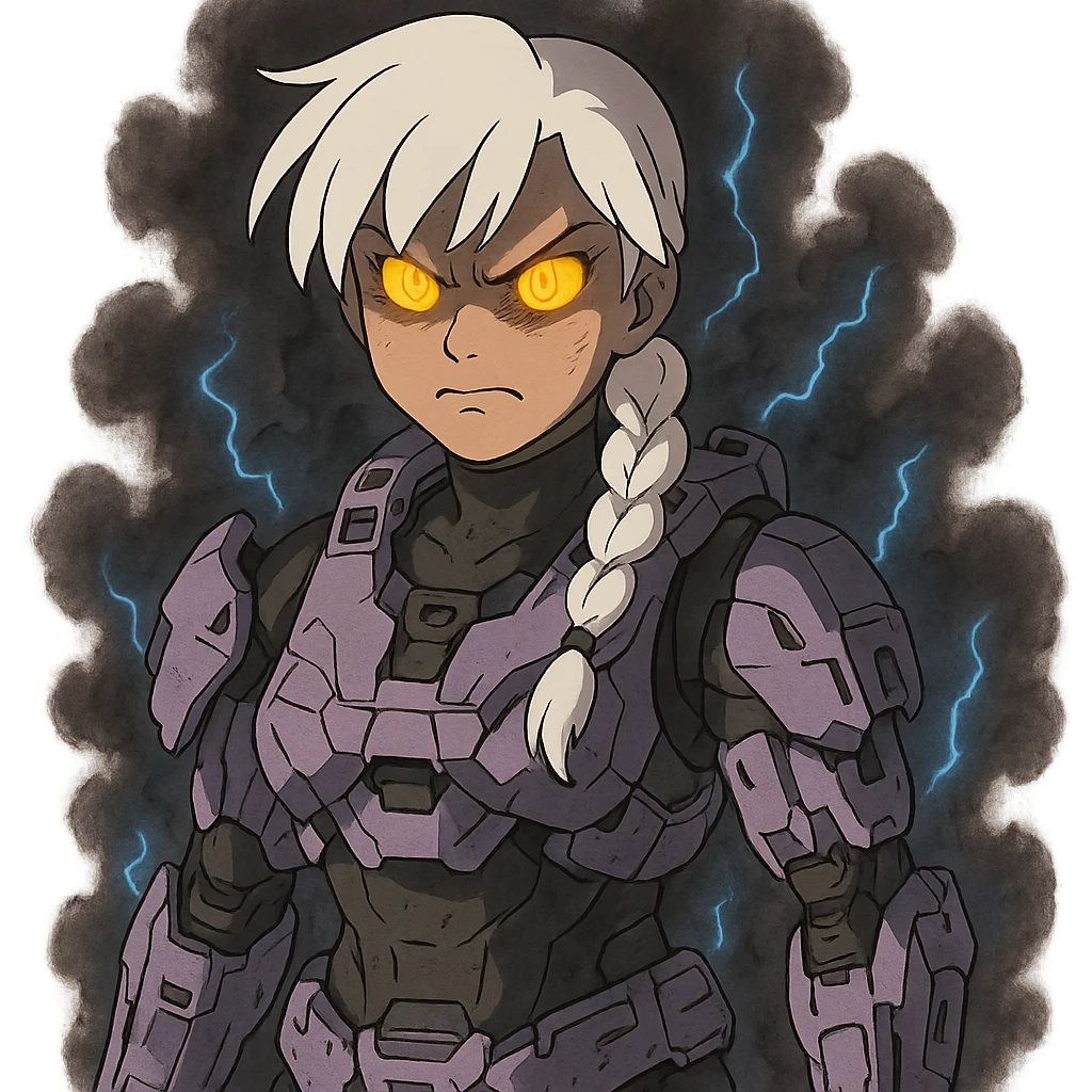female, wearing reach spartan armor shoulder-unequip, long white braid hair with massive messy front side single bangs, gold yellow eyes, attention pose, D-cup size, HALO:series, no helmet, the armor is lavender color scheme, eyes glowing, demon eye, gleam, rage aura, body steaming dark gray, blue electricity, mouth clowed scowling emoji