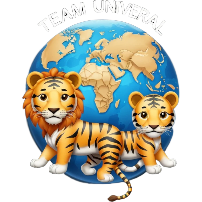 Un mundo al centro con un león a su lado izquierdo y un tigre al lado derecho y en el medio escrito "TEAM UNIVERSAL" emoji