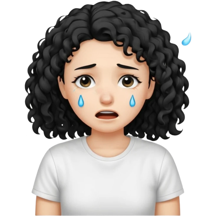 a pretty fair bratz girl with black curly hair, crying, wearing a white tshirt emoji