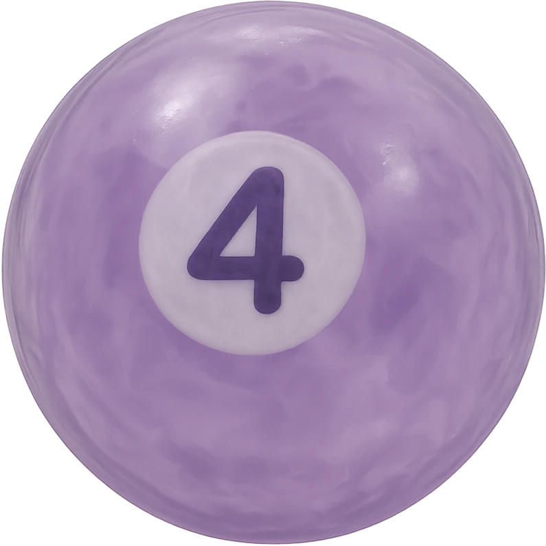pool billiards 4-ball, retro 90's toy style, very transparent, slightly see-through, purple with white circle and number 4, soft plastic texture, soft reflections, soft and squishy, some cloudiness, not shiny, highly detailed, appealing, no tag, no background emoji