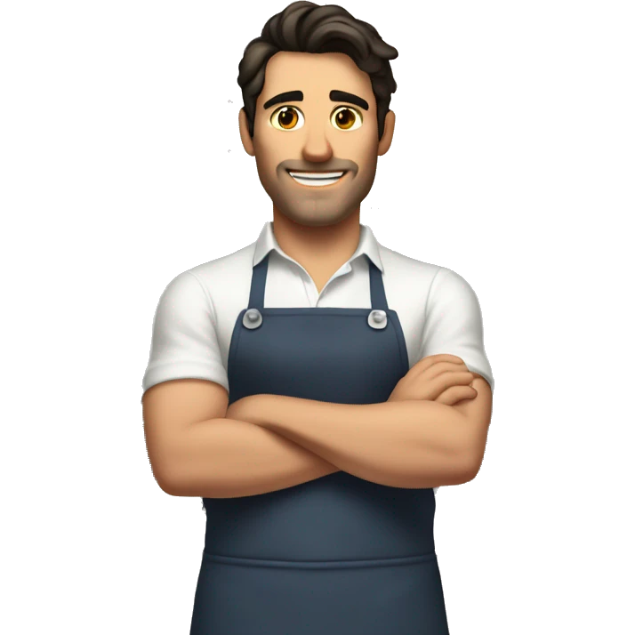 Handsome strong white man with dark hair in kitchen with apron emoji