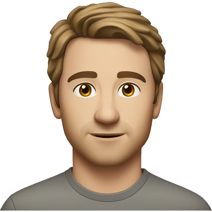 A head and shoulders shot of a 32 year old Caucasian man, with short brown hair,   with brown eyes wearing a t-shirt. emoji