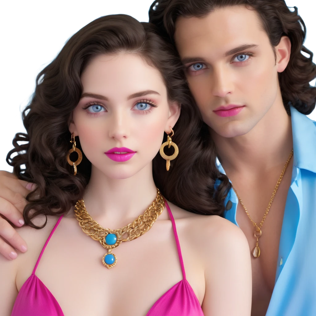 attractive couple embracing in romantic pose, woman with big blue-grey eyes, long lashes, pale skin, pink lips, long voluminous dark brown curls, gold hoop earrings, revealing silky halter top close to handsome man with intense blue-grey eyes, chiseled features, pale skin, confident smirk, dark brown styled hair, gold chain, revealing open shirt, faces close together emoji