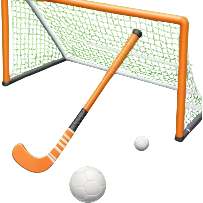 field hockey stick and ball on vibrant green grass field with goalposts emoji