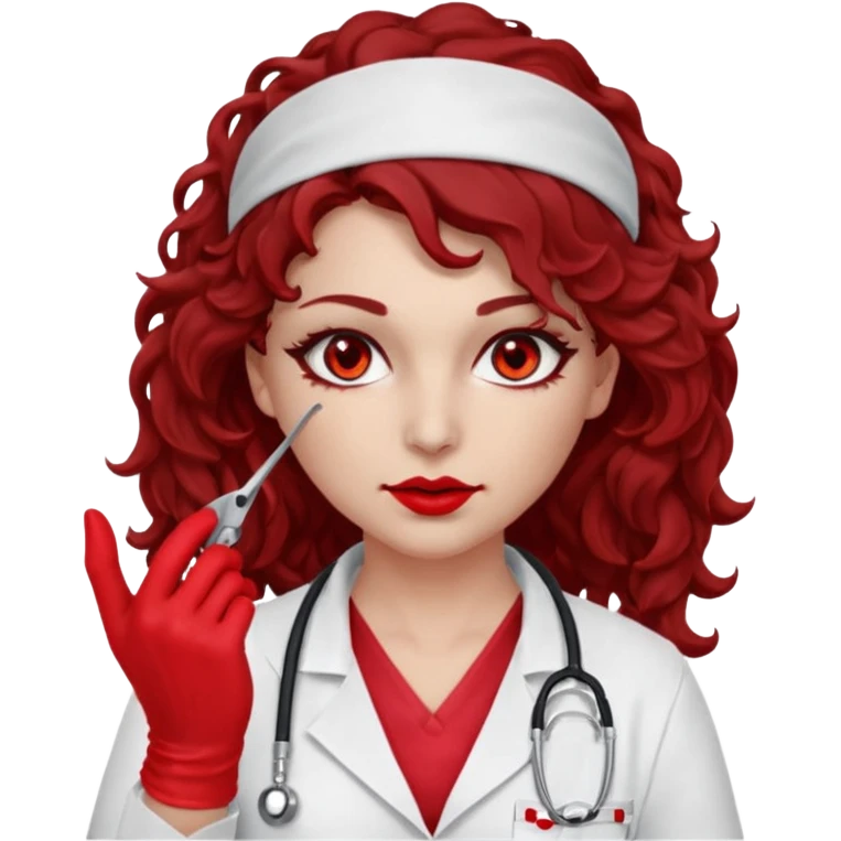 Lilith scalpel in hand, evil surgeon sexy surgeon clothes.  She has red eyes. Dark brown curly hair. Wears sexy doctor outfit with red gloves.covers her mouth necknose with red bandana to hide  her identity. Hair is long and brown hair is free but must cover her face emoji