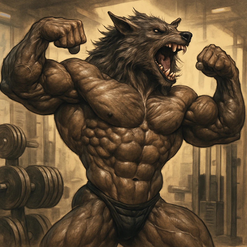 werewolf body builder, muscular, flexing, gym theme, dynamic pose emoji
