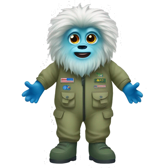 A yeti with big eyes wearing a khaki green flight suit with blue hands and feet emoji