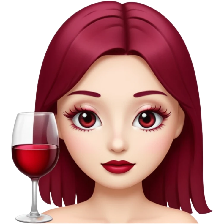 “Create elegant emoji of wine red color, shiny effect, long eyelashes, soft makeup look, high quality 3D.” emoji