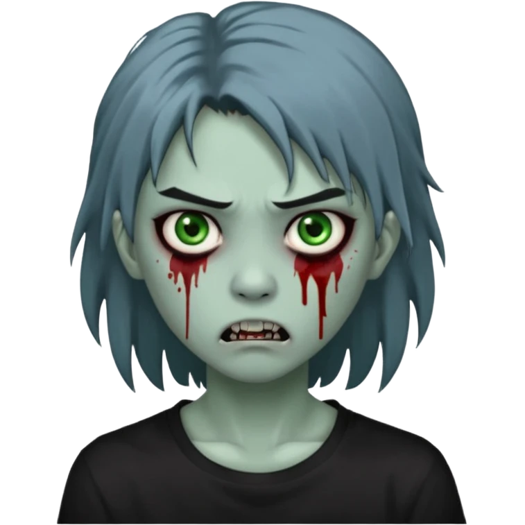 3D emoji-style avatar with very pale blue-grey zombie skin, dark brown hair, a young Asian face, and large green eyes with blood tears. Give it white litle bit messy mullet hair style , silver hoop earrings, and a plain black T-shirt. The face expression should be slightly angry, with vampire fang emoji
