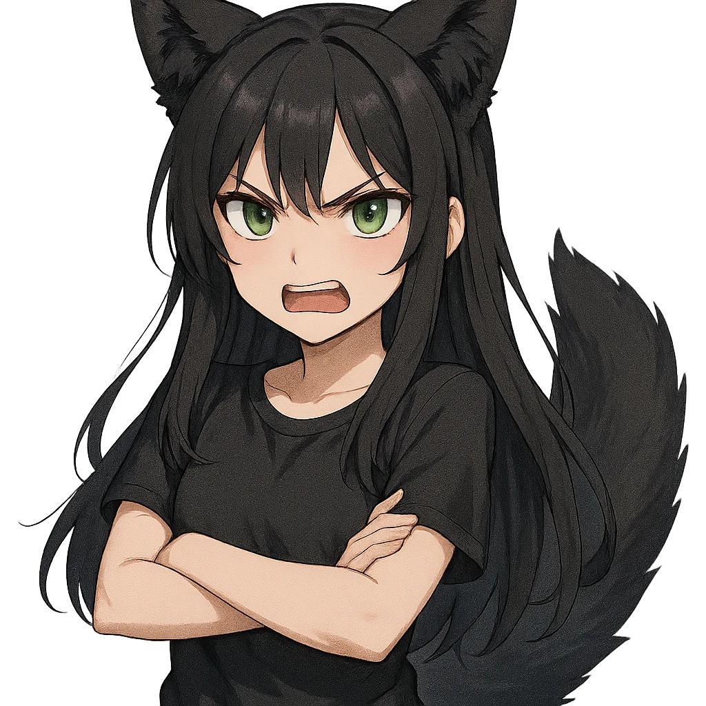 A girl with black fox ears and a tail, green eyes, dark hair, looking angry emoji