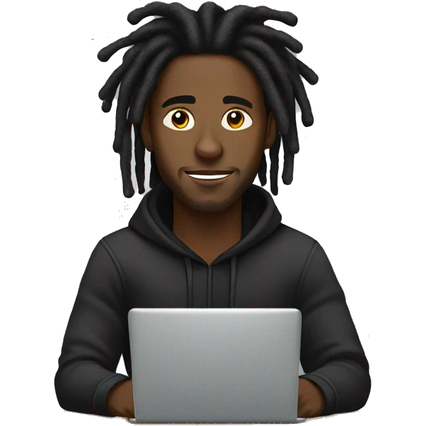 Black-guy-with-dreads-wearing-black-trackstuit-sitting-down-on-chair facing-foward-focused-on-laptop-computer- emoji