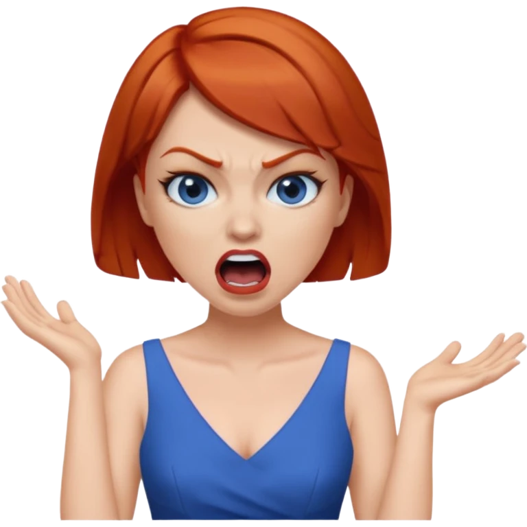 mujer pelirroja con los ojos y los labios maquillados enojada gritando con vestido azul pelo corto emoji
