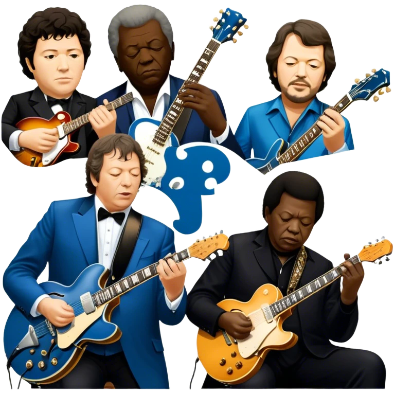 Icon for Blues Music: close-up collage of legendary blues artists. Gary Moore, Eric Clapton, B.B. King and Joe Cocker. Represented by silhouettes or symbolic items like guitars, microphones, or music notes, reflecting the soulful energy of blues music. Transparent background. emoji